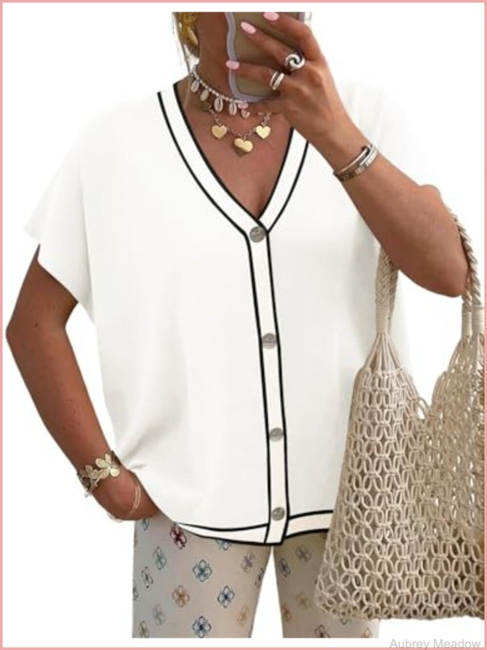 Oversized Short Sleeve V-Neck Button Cardigan Lightweight Knit Sweater
